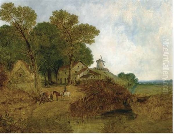 Travellers On A Road By A River, Farmhouses And A Windmill Beyond - view 1