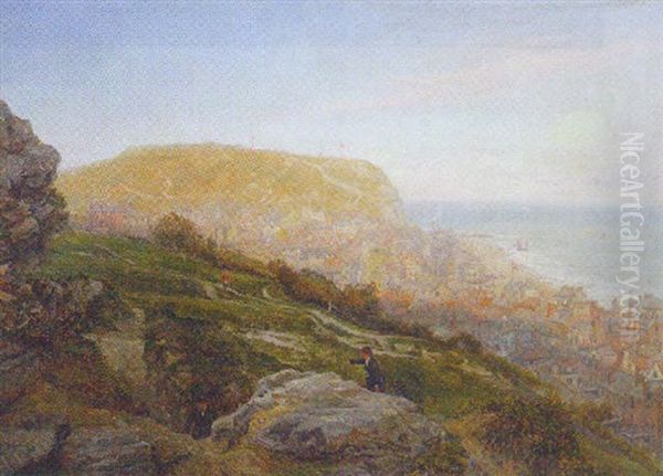 Figures Climbing A Hill Before A Seaside Town - view 1