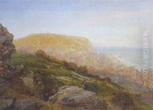 Figures Climbing A Hill Before A Seaside Town by James Holland