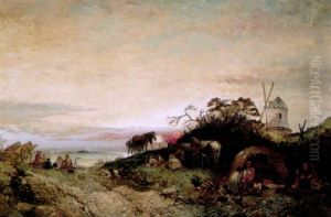 A Gypsy Encampment With Donkeys And Horses Before A Windmill On A Coastline At Dusk