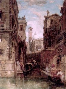 Gondols And Figures On A Venetian Canal, The Campanile And San Marco Beyond
