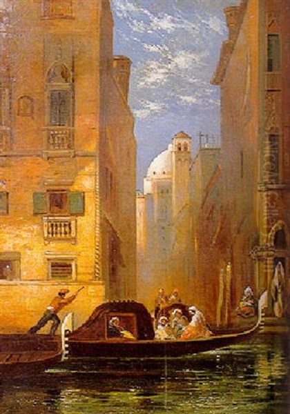 Figures In A Gondola Approaching A Villa With The Dome Of Santa Maria Della Salute Beyond, Venice - view 1