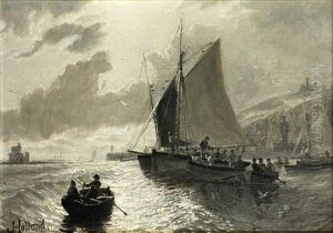 Fishing Boats Off A Harbour; And Cart Horses On The Shore, Both Scenes Thought To Be On The Isle Of Man by John Holland