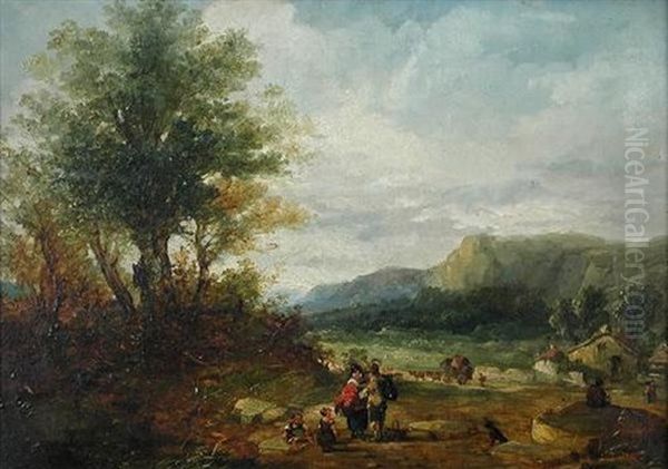 Villagers Conversing In A Wooded Valley, A Village Beyond - view 1