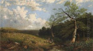A Country Landscape With Figures And Children By A Stream And A Farmhouse In The Distance by John Holland