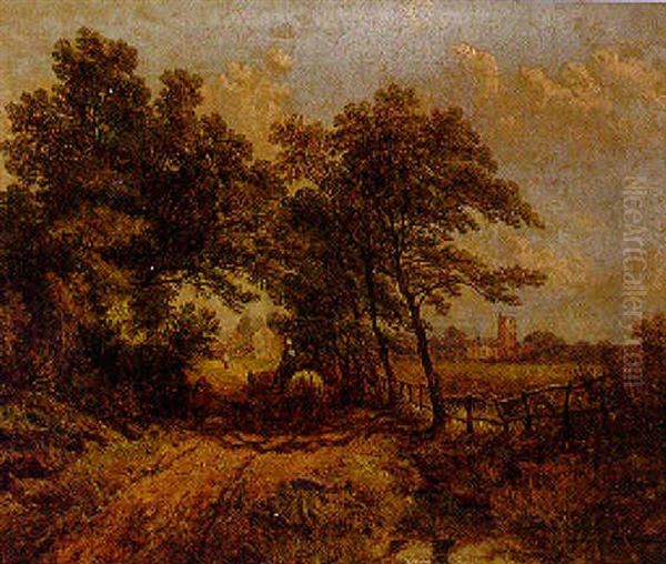 A Wooded Landscape With A Horseman And Countryfolk On A Track, A Village Beyond - view 1