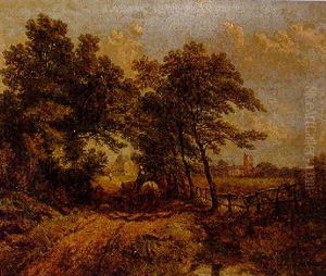 A Wooded Landscape With A Horseman And Countryfolk On A Track, A Village Beyond by John Holland