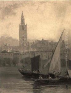 Fishing Smacks On A River With A Cathedral Beyond Fishing Smacks On A River With A Cathedral Beyond