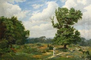 A Breezy Country Landscape With A Lady And Her Dog by Philip Sidney Holland