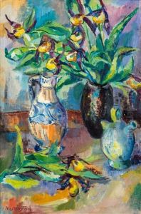 Stillleben Mit Blumenstraus In Vase Und Krugen by Stephanie Hollenstein