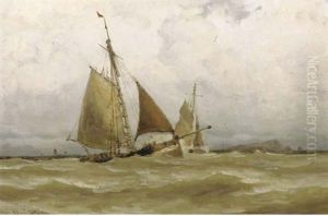 In Full Sail By A Coastline (+ A Dune Landscape; 2 Works) by Jacob Huijbrecht Hollestelle