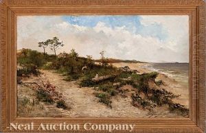 Beach Scene With A Young Man And Child Picking Flowers, Probably by Edward Stratton Holloway