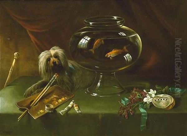 Stilleben Mit Goldfischglas, Hund Und Malerpalette. Am Rechten Bildrand Eine Lilie Und Eine Muschel - view 1