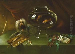 Stilleben Mit Goldfischglas, Hund Und Malerpalette. Am Rechten Bildrand Eine Lilie Und Eine Muschel by William Perring Hollyer