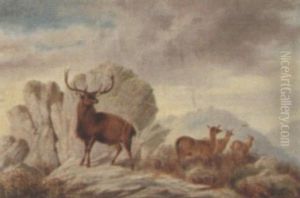 A Stag And Deer In A Highland Landscape by William Perring Hollyer