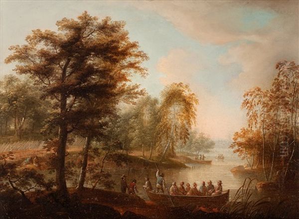 Insjolandskap Med Figurer Och Stad I Bakgrunden - view 1