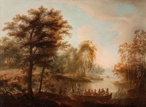 Insjolandskap Med Figurer Och Stad I Bakgrunden by Anders Holm
