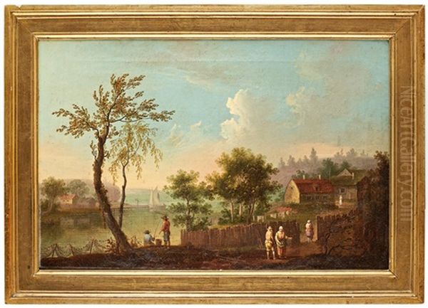 Insjolandskap Med Figurer, Batar Och Byggnader (+ Another, Similar; Pair) - view 1
