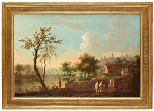 Insjolandskap Med Figurer, Batar Och Byggnader (+ Another, Similar; Pair) by Anders Holm