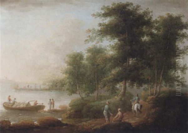 Strandlandskap Med Ryttare Samt Figurer Vid Batar - view 1