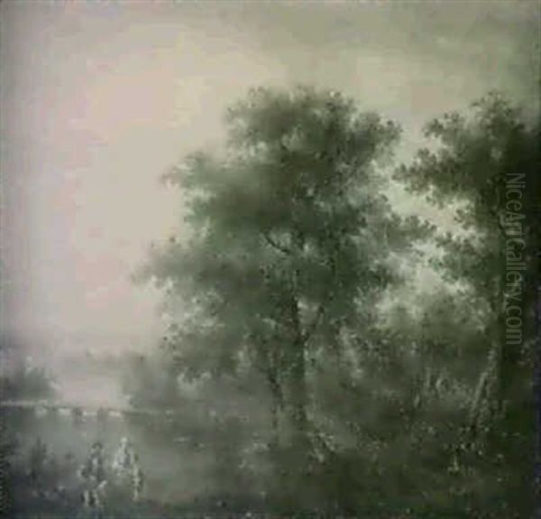 Pastoralt Sjolandskap Med Figurer Vid Trad - view 1