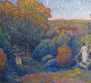 Autumnal Landscape With Figures In White by Carl Otto Holm
