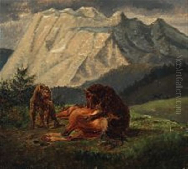 Mountain Landscape With Bears At A Prey - view 1