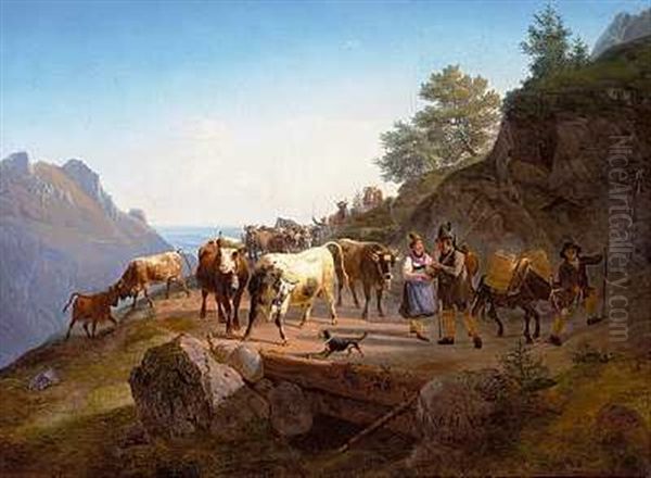 Hyrdepar Med Deres Koer Pa En Bjergsti - view 1