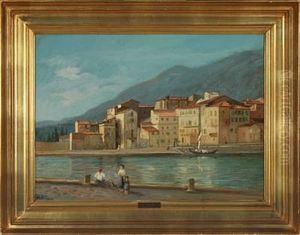 Southern Landscape With River, Houses And Mountains In The Background