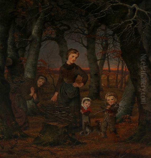Sunset Scenery With Three Generations Collecting Wood - view 1