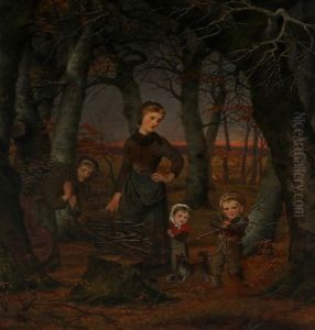 Sunset Scenery With Three Generations Collecting Wood by Just Jean Christian Holm