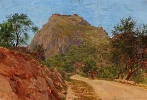 Landscape From Taormina With A Monk And A Boy Walking On The Road