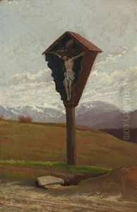 Landscape With A Road Altar By A Path, In The Background Mountains Landscape With A Road Altar By A Path, In The Background Mountains