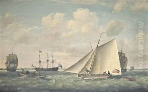 The Cutter Yacht Thetis And Merchant Shipping At Spithead With A Large Royal Navy Warship Lying At Anchor Inshore