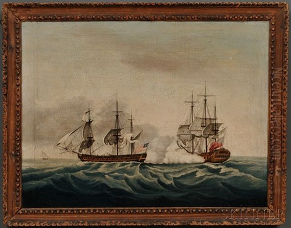 East India Company's Ship Bridgewater Successfully Defending Her Cargo From Attack By The American Privateer Hampden On Her Way From St. Helena To England, March 8 - view 1