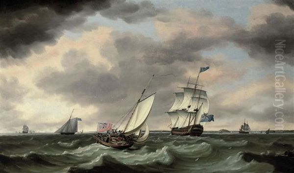 An Outward-bound 74 Carrying An Admiral Of The Blue Beating Down The Channel Past Falmouth Bay On A Blustery Day, With A Naval Cutter Approaching The Man-o'war's Stern Quarter - view 1