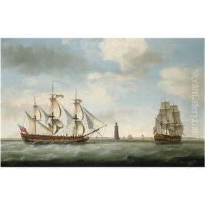 Captain John Carr And His Ship "vere", In Two Positions Off The Eddystone Lighthouse