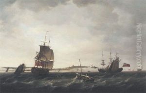A Fifth Rate In Two Positions, One Under Sail And One At Anchor In The Channel Off Dover by Francis Holman