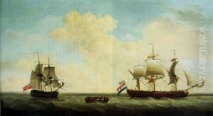A Three Masted Barque And A Frigate In Open Seas by Francis Holman