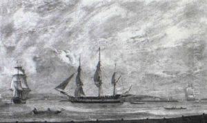Three-masted Ship In Two Positions Off Greenwich by Francis Holman