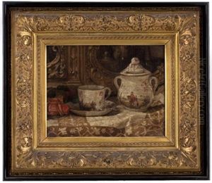 Stillleben Mit Rose, Porzellantasse Und Zuckerdose by August Johann Holmberg