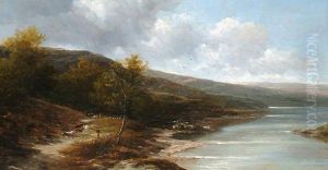 Herding The Cattle In An Extensive Lakeside Scene by Adam Barland