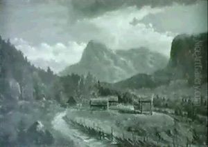 Huse Ved En Flod, I Baggrunden Bjerge by Gustaf-Werner Holmberg