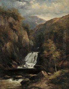 View Of A Surveyor At The Base Of A Waterfall by Adam Barland