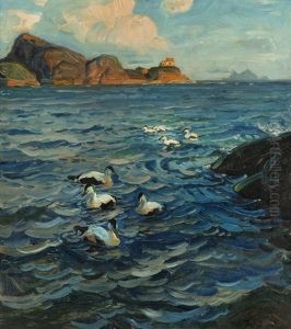 Eiders By Skroven, Reine Lighthouse, Lofoten by Thorolf Holmboe