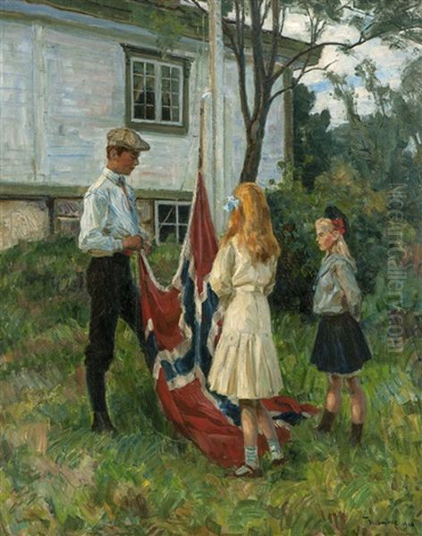 Children Raising The Norwegian Flag - view 1
