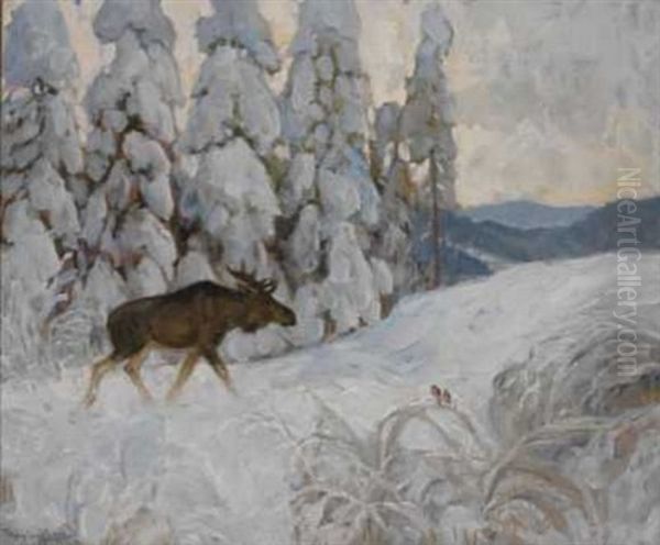 Vinterlandskap Med Elg Og Dompaper - view 1