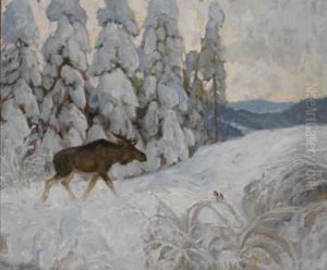 Vinterlandskap Med Elg Og Dompaper
