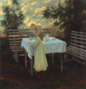A Young Girl Preparing The Table For Tea In The Garden by Thorolf Holmboe