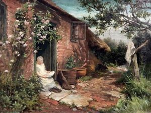 Seated Girl In A Cottage Doorway by George Augustus Holmes